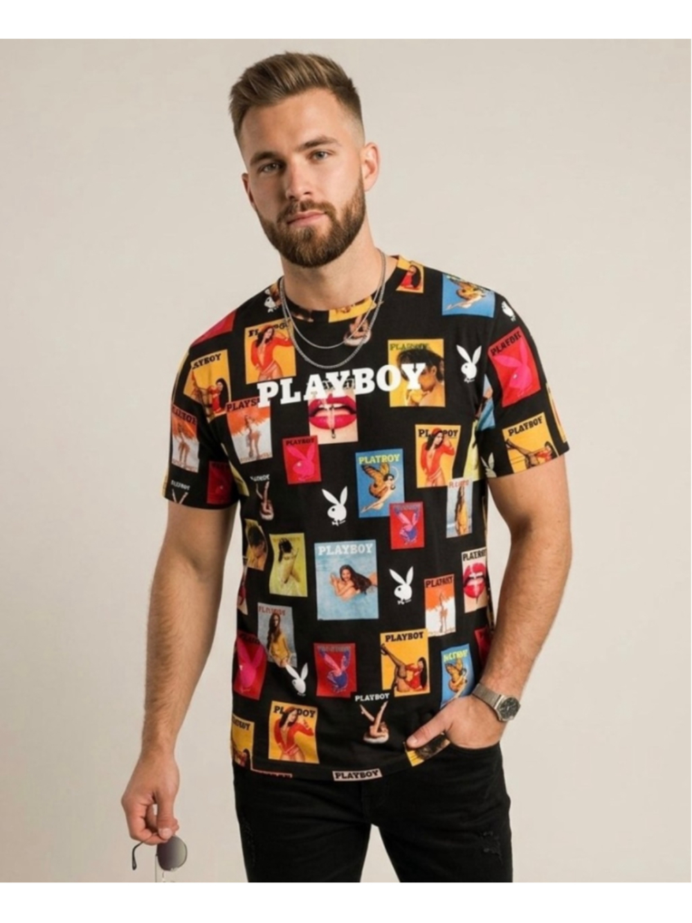 Playboy Magazine All Over Print Collage Graphic Black T-Shirt vintage Y2K 1511